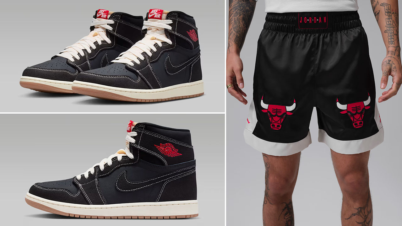 Air Jordan 1 High OG Flight Club x Jordan Flight Mens Bulls Muay Thai Black Shorts to Match Sneakers