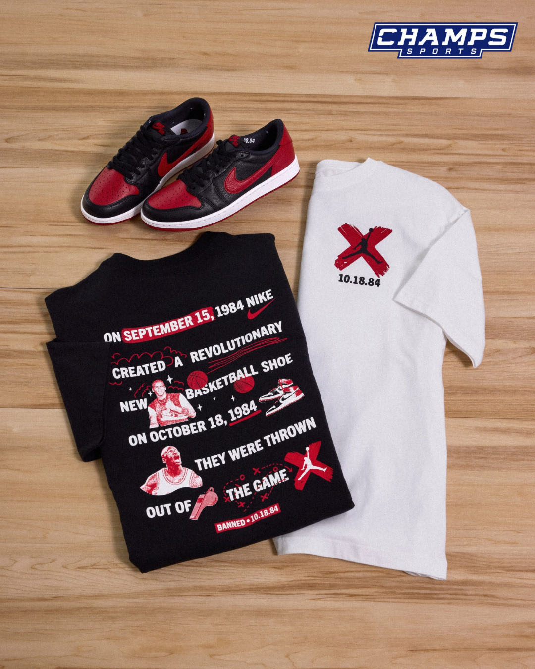 Air Jordan 1 Low OG Banned Shoes and Shirt Available at Champs Sports