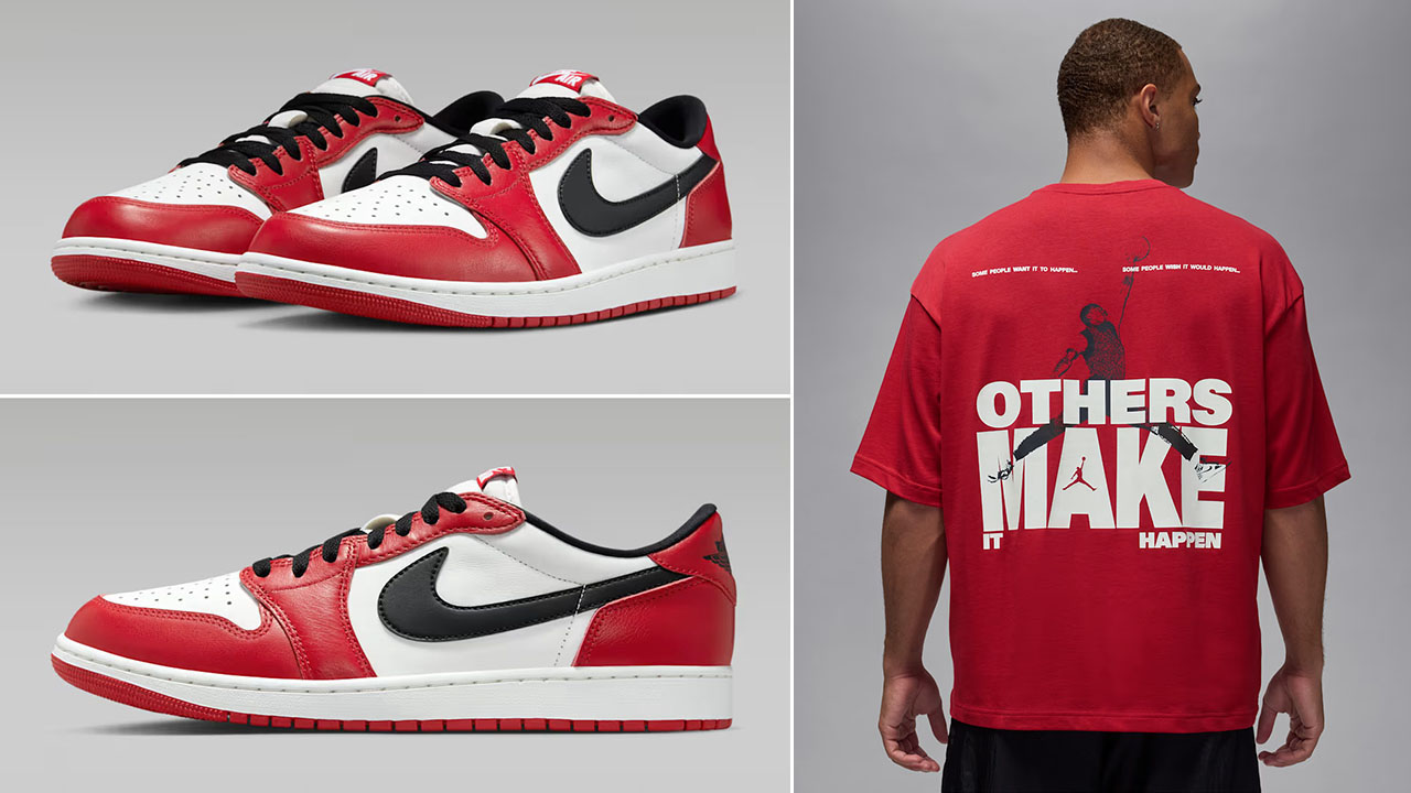 Air Jordan 1 Low OG Chicago 2025 Sneakers and Red Shirt Outfit
