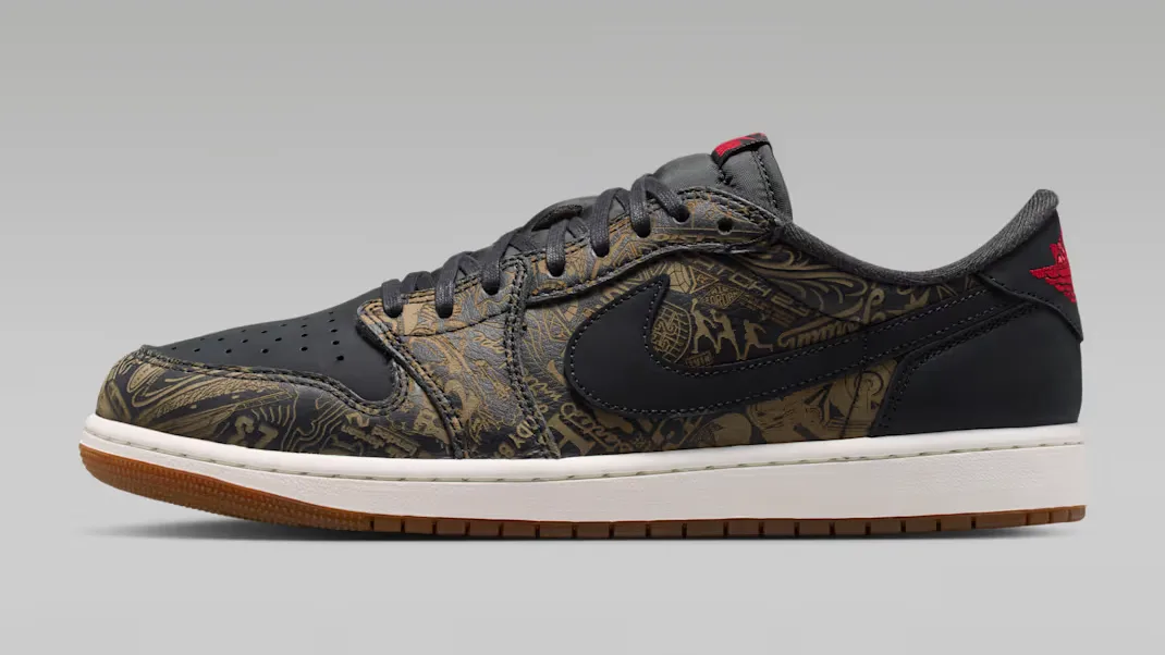 Air Jordan 1 Low OG “Laser” sneakers in black with laser-etched graphics, red accents and a white midsole.