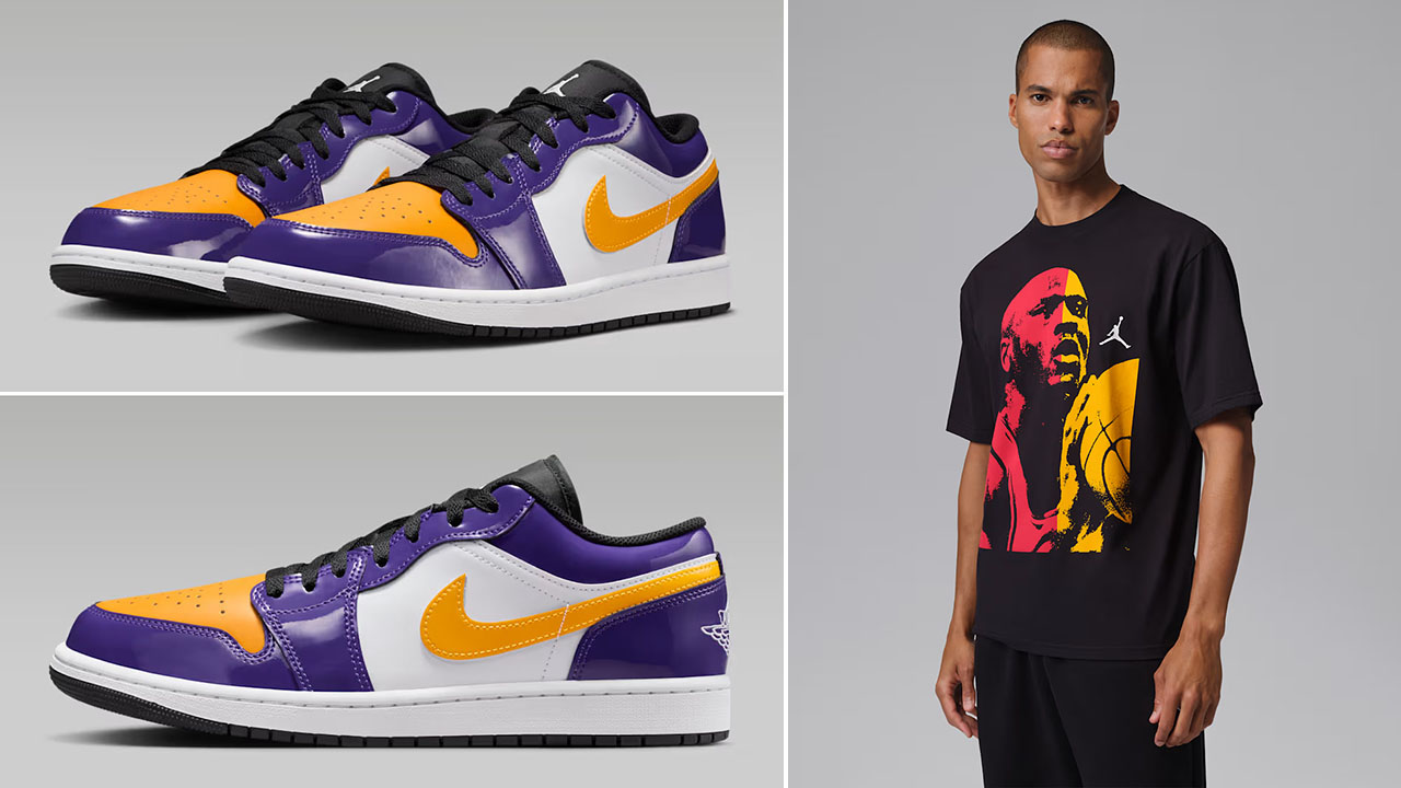 エアジョーダン1 レイカーズ LA TO CHICAGO LAKERS 27 Air Jordan 1 Low SE Lakers + Jordan LA to Chicago T Shirt