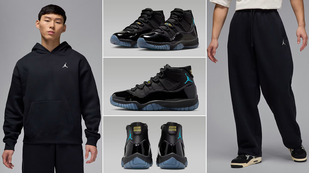 Air Jordan 11 Gamma Blue 2025 x Jordan Brooklyn Fleece Mens Black Hoodie and Pants Outfit