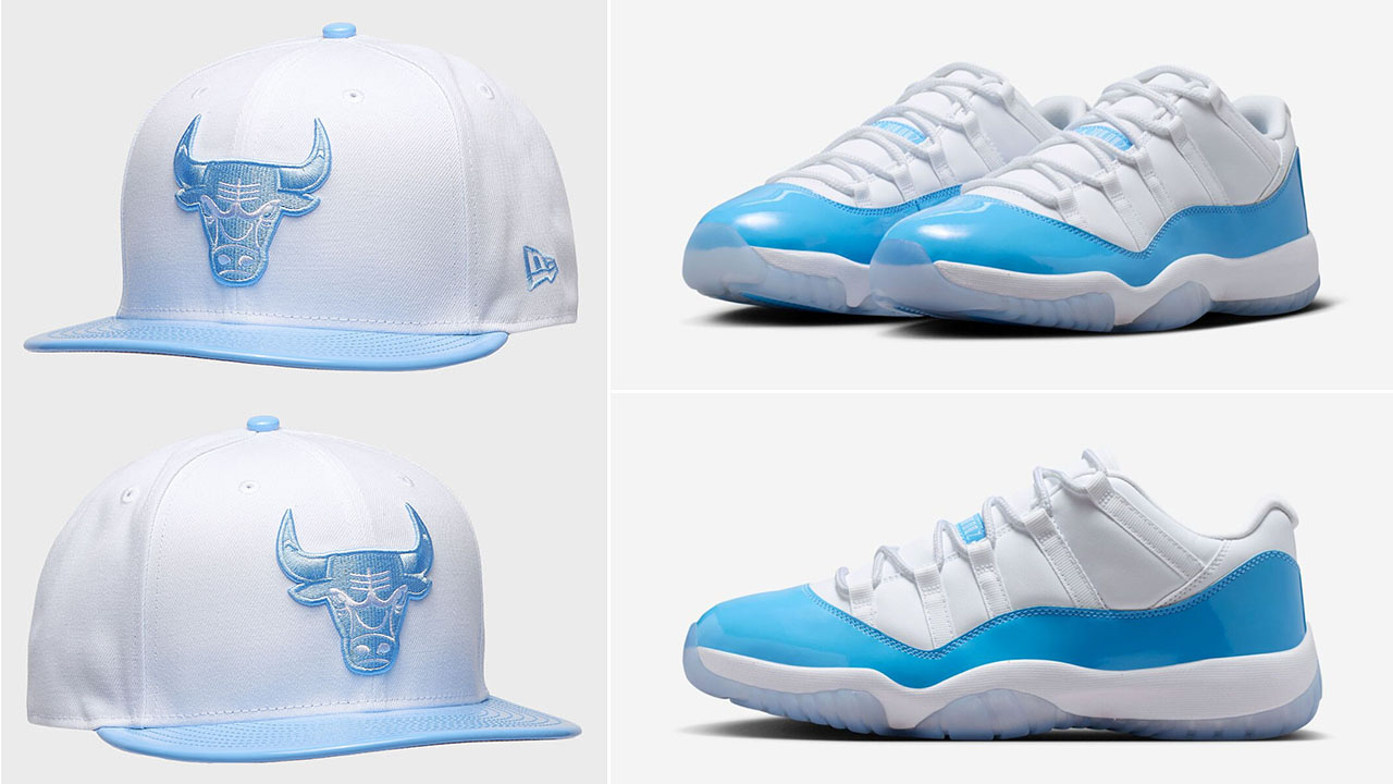Air Jordan 11 Low UNC 2026 White University Blue New Era Chicago Bulls Snapback Hat to Match Sneakers