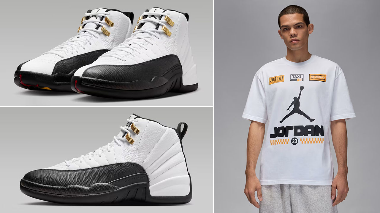 Air Jordan 12 Taxi 2025 Mens White T Shirt Outfit