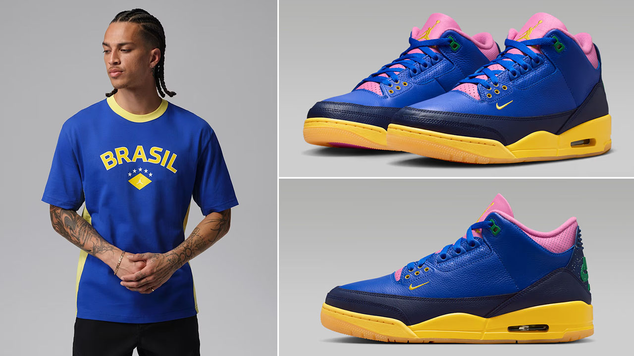 Air Jordan 3 Brazil x Air Jordan 85 Brazil Men’s Graphic Blue Yellow T-Shirt to Match Sneakers