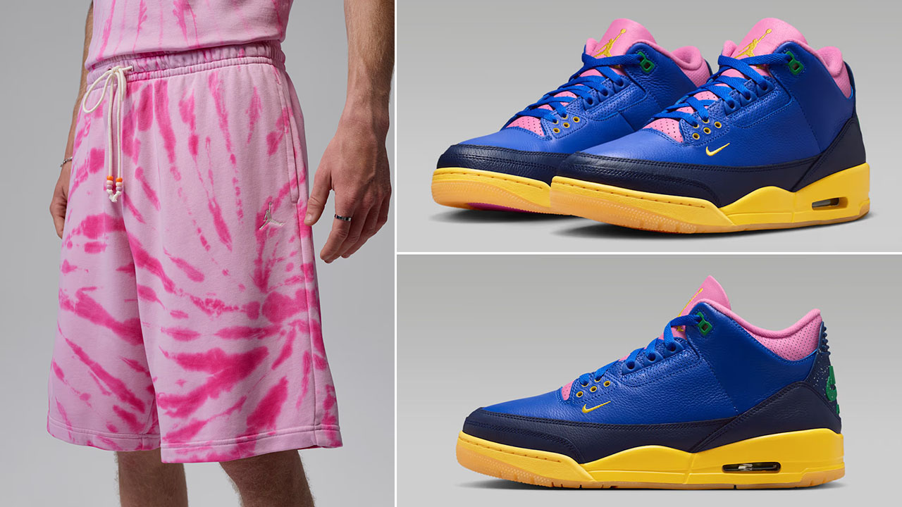 Air Jordan 3 Brazil x Jordan Brooklyn Fleece Mens Pink Tie Dye Festival Shorts to Match Sneakers