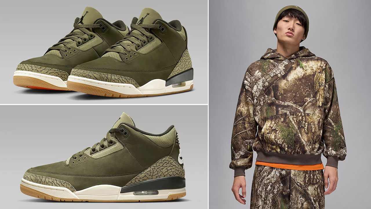 Air-Jordan-3-Family-Affair-Medium-Olive-Shoes-x-Jordan-Brooklyn-Mens-Fleece-Realtree-Camo-Pullover-Hoodie-Outfit