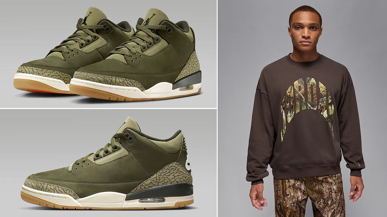 Air-Jordan-3-Family-Affair-Medium-Olive-Shoes-x-Jordan-Brooklyn-Mens-Realtree-Camo-Crew-Neck-Sweatshirt-Outfit
