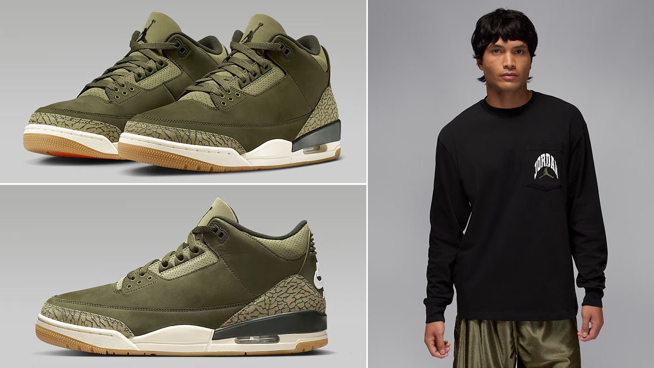 Air-Jordan-3-Family-Affair-Medium-Olive-Shoes-x-Jordan-Brooklyn-Mens-Realtree-Camo-Long-Sleeve-Pocket-T-Shirt-Black-Medium-Olive-Outfit