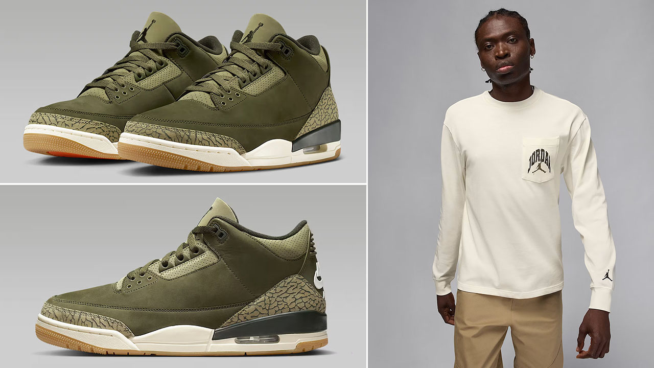 Air-Jordan-3-Family-Affair-Medium-Olive-Shoes-x-Jordan-Brooklyn-Mens-Realtree-Camo-Long-Sleeve-Pocket-T-Shirt-Outfit