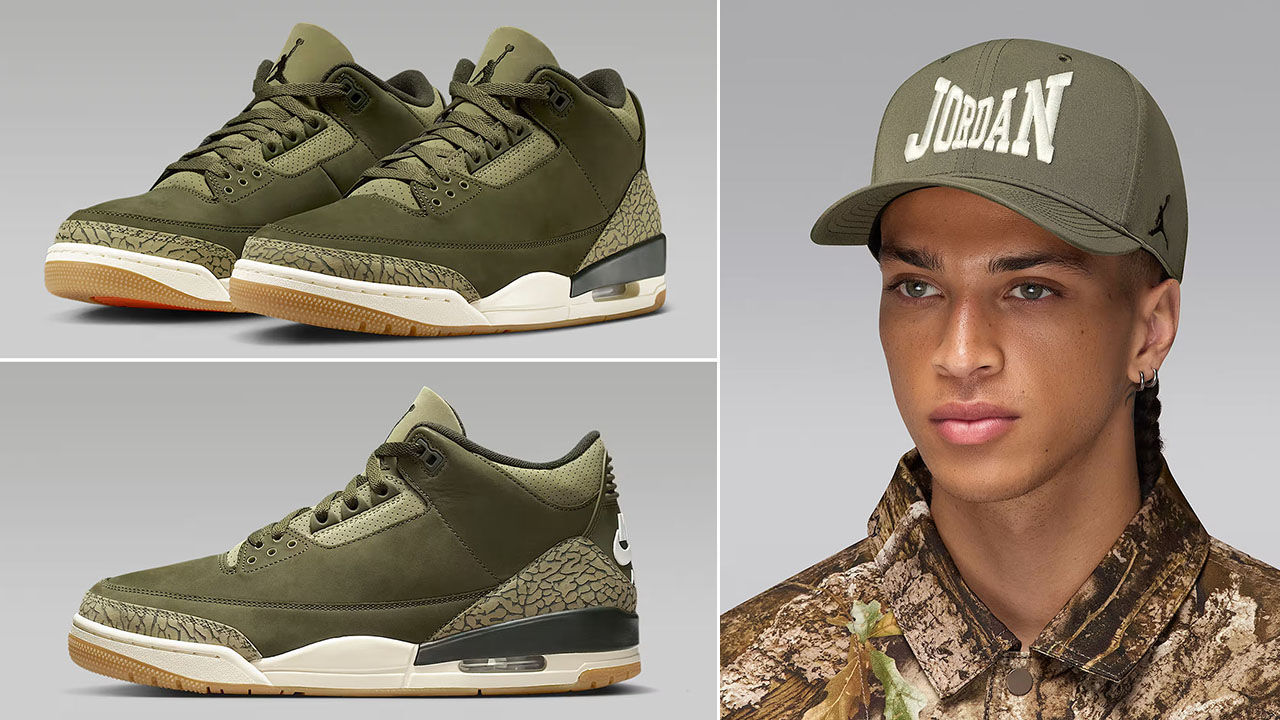 Air-Jordan-3-Family-Affair-Medium-Olive-Shoes-x-Jordan-Rise-Snapback-Hat
