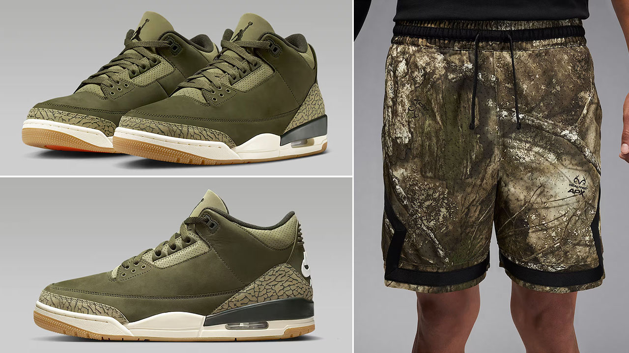 Air-Jordan-3-Family-Affair-Medium-Olive-Shoes-x-Jordan-Sport-Diamond-Mens-Realtree-Camo-Shorts-Outfit