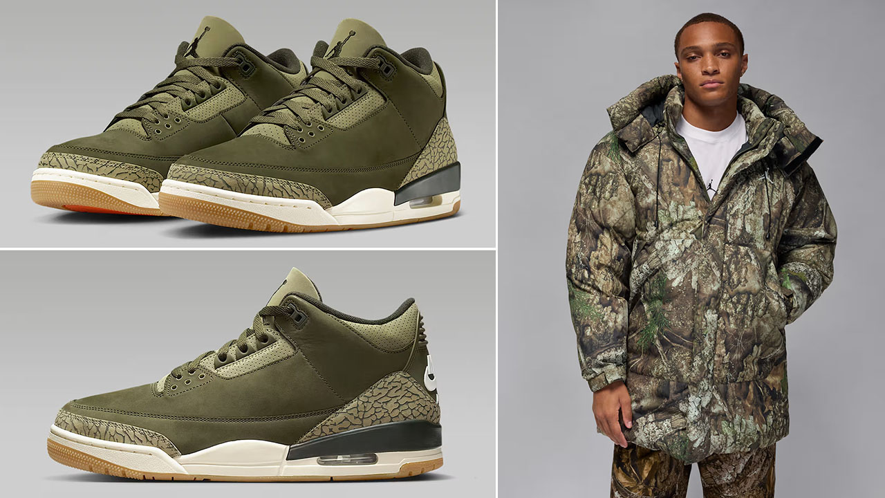 Air-Jordan-3-Family-Affair-Medium-Olive-x-Jordan-Flight-Therma-Fit-Down-Parka-Realtree-Camo-Jacket-Outfit