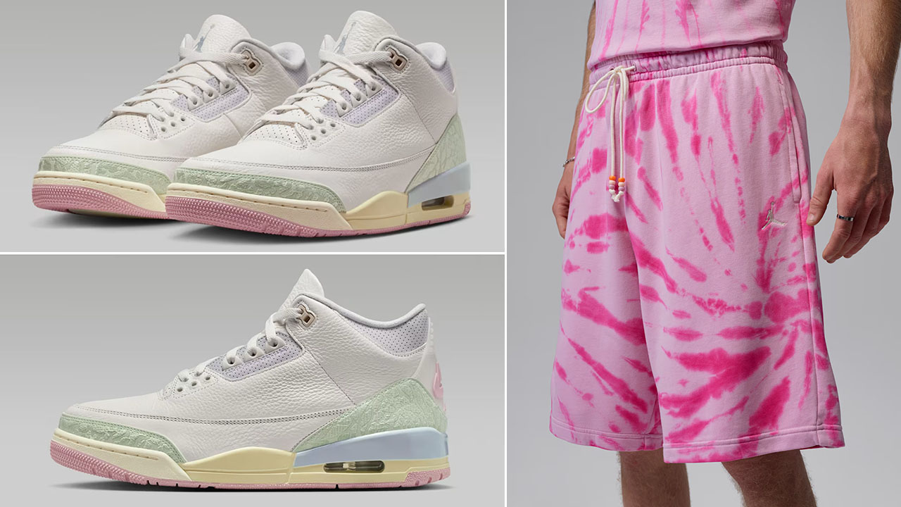 Air Jordan 3 Spring is in the Air x Jordan Brooklyn Fleece Tie Dye Festival Shorts Iced Carmine Outfit to Match Sneakers