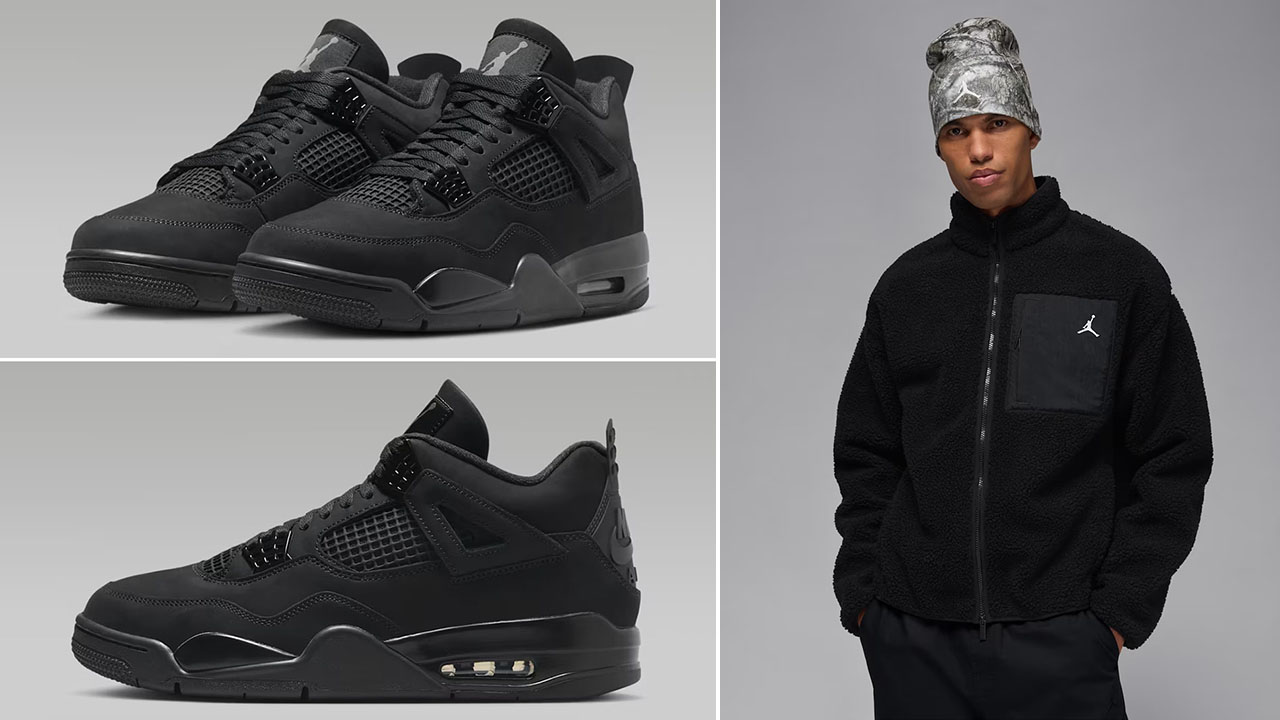 Air Jordan 4 Black Cat 2025 Shoes x Jordan Flight Mens Mountainside Faux Fur Jacket Outfit