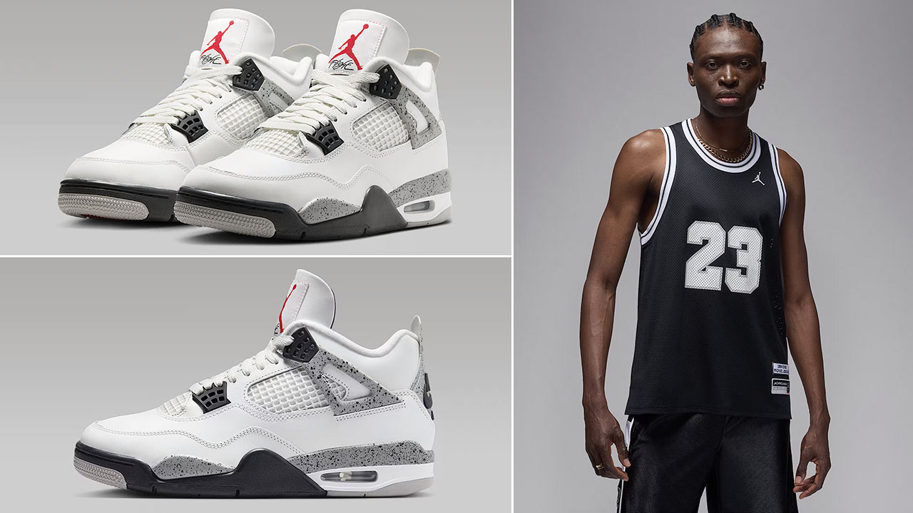 Air Jordan 4 White Cement x Jordan Essentials Summer Jersey Black White Grey