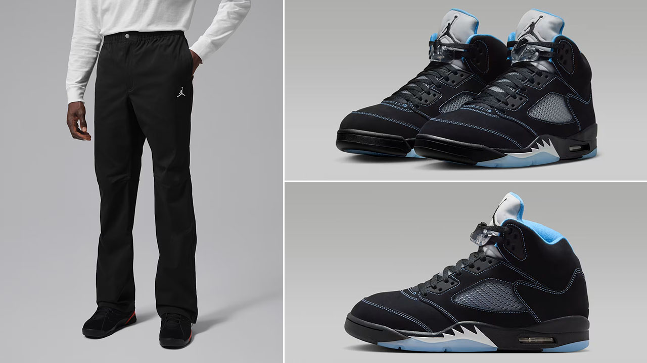 Air Jordan 5 Black UNC University Blue 2026 x Jordan Flight Essentials Men's Black Pants to Match Sneakers