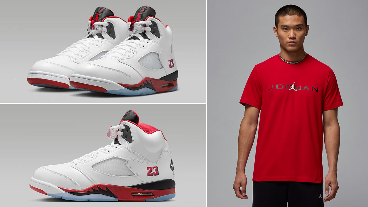 Air Jordan 5 Fire Red Black Tongue 2025 Shoes x Jordan Air Stretch Mens Red T Shirt Outfit