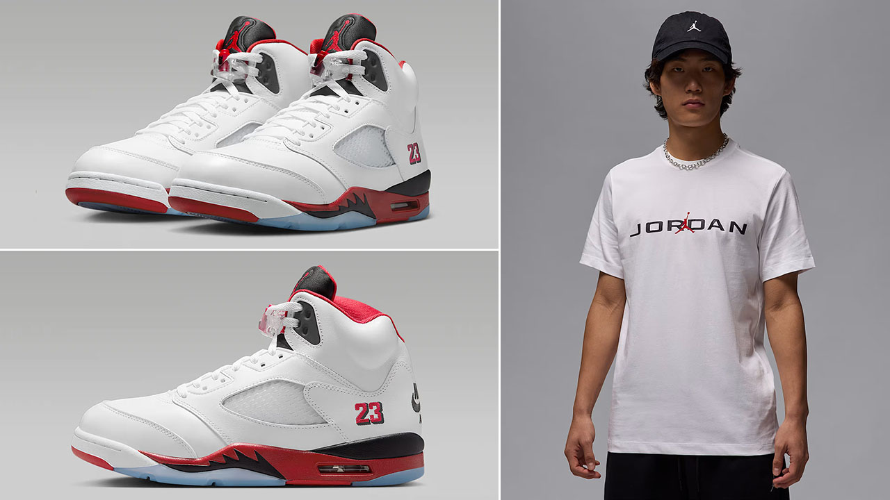 Air Jordan 5 Fire Red Black Tongue 2025 Shoes x Jordan Air Stretch Mens White T Shirt Outfit