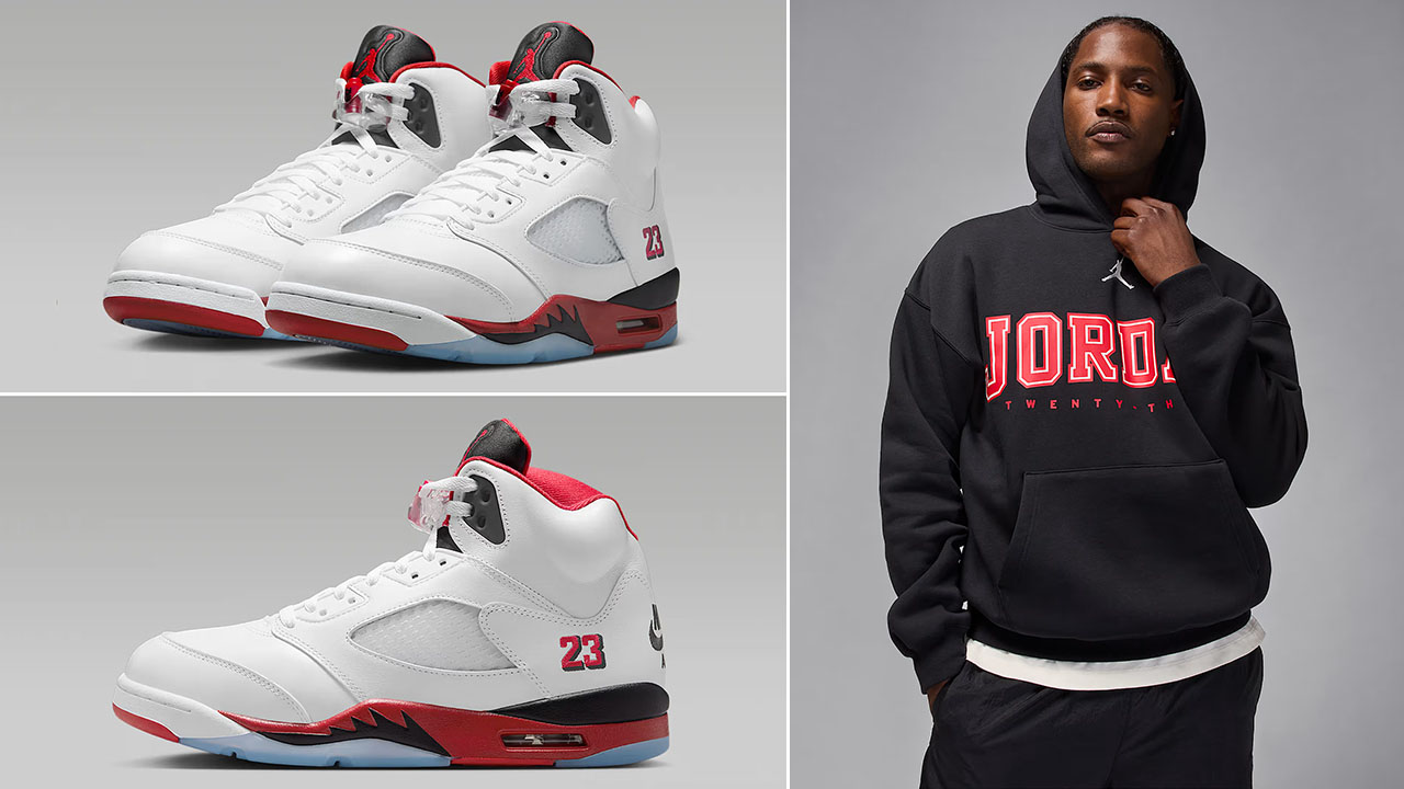 Air Jordan 5 Fire Red Black Tongue 2025 Shoes x Jordan Brooklyn Fleece Mens Black Red Oversized Hoodie Outfit