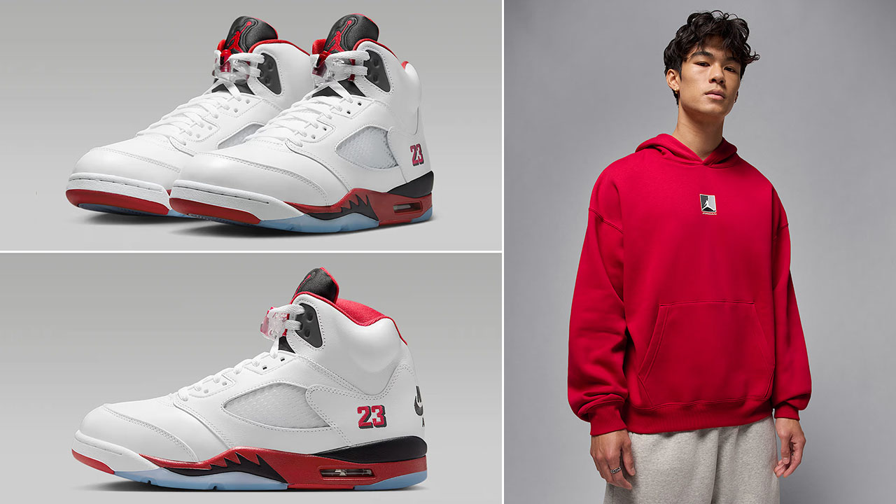 Air Jordan 5 Fire Red Black Tongue 2025 Shoes x Jordan Brooklyn Fleece Mens Red Pullover Hoodie Outfit