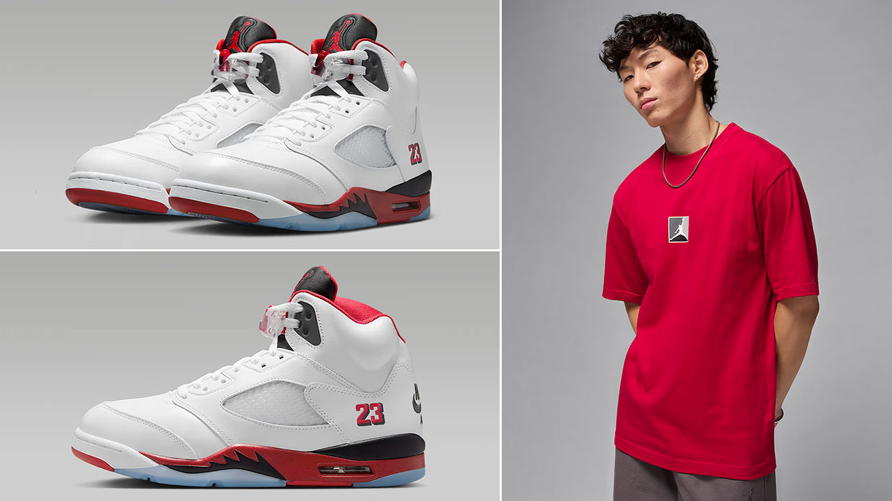 Air Jordan 5 Fire Red Black Tongue 2025 Shoes x Jordan Brooklyn Mens Red T Shirt