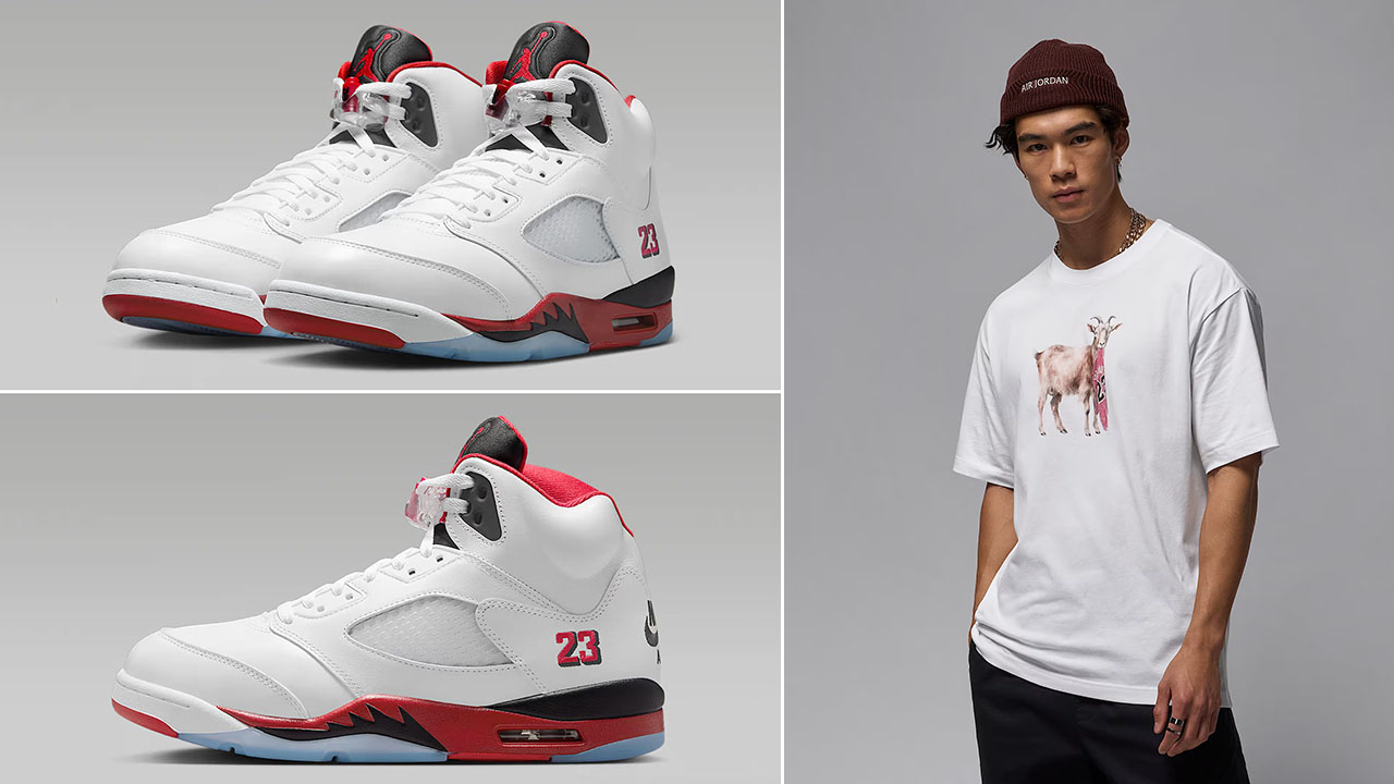 Air Jordan 5 Fire Red Black Tongue 2025 Shoes x Jordan Mens Goat T Shirt Outfit