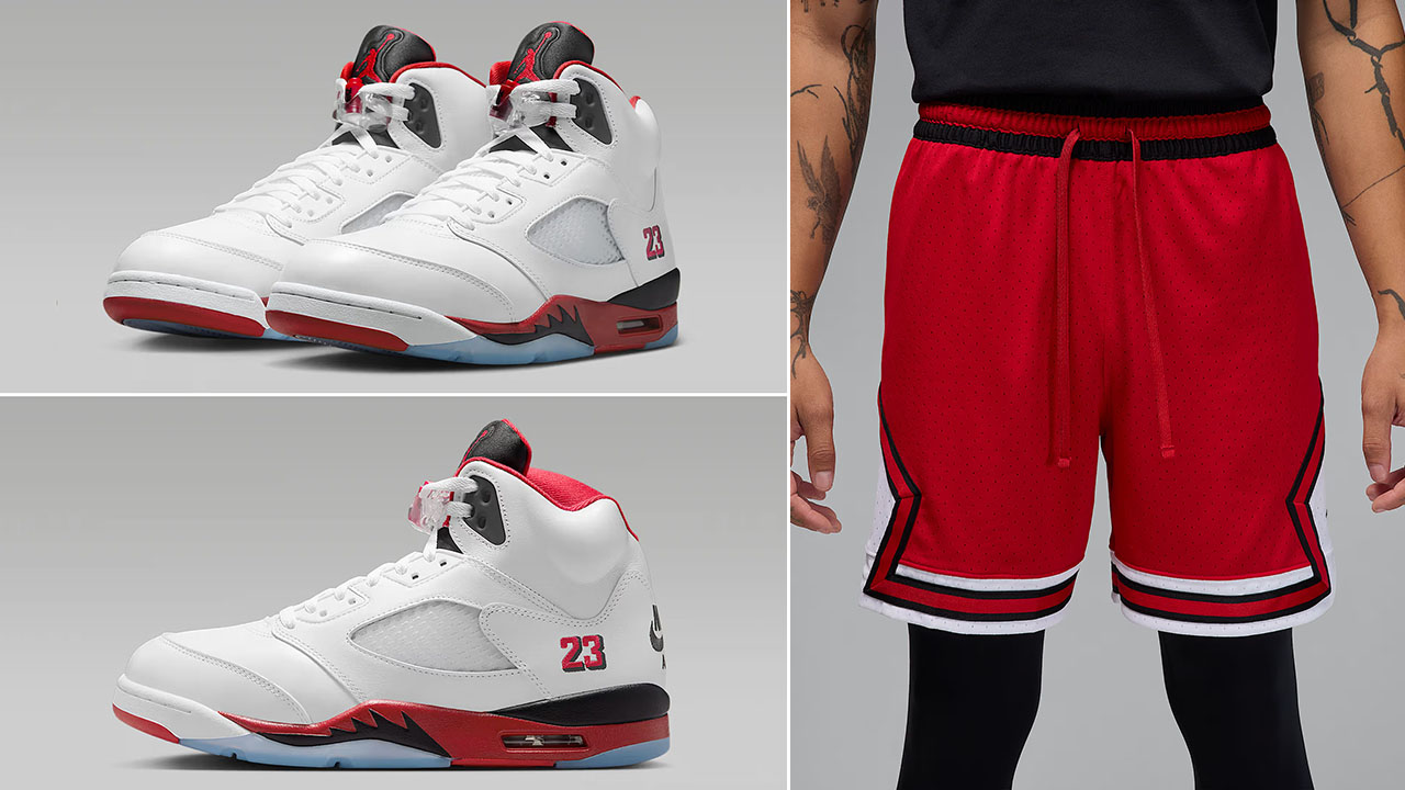 Air Jordan 5 Fire Red Black Tongue 2025 Shoes x Jordan Mens Mesh Diamond Shorts Outfit