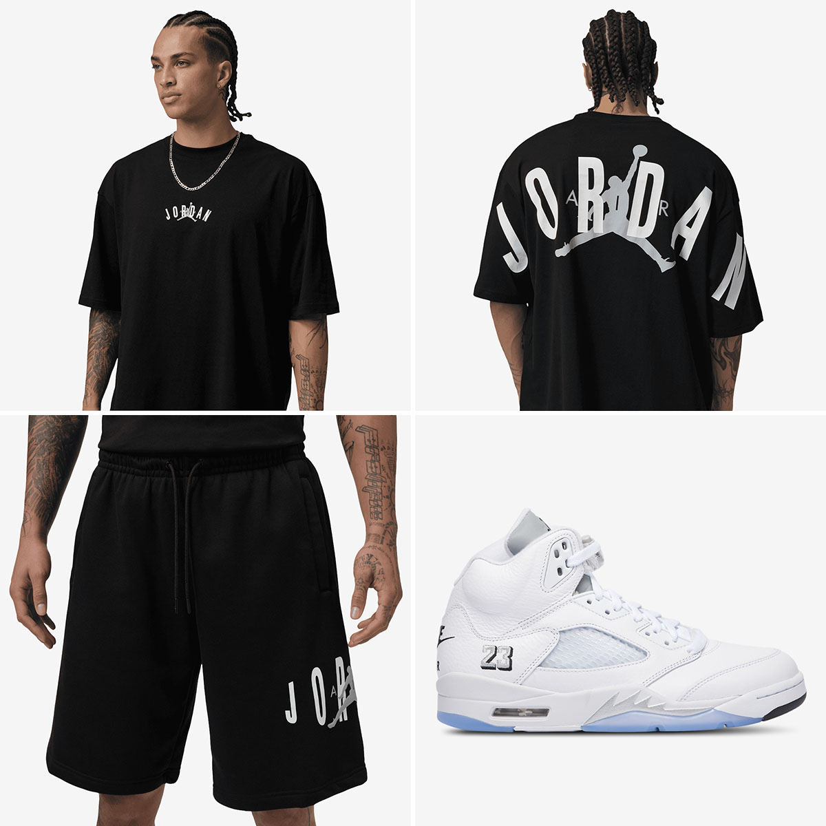 Air Jordan 5 White Metallic 2026 x Jordan Brooklyn Stretch Mens Black T Shirt and Shorts Outfit to Match Sneakers