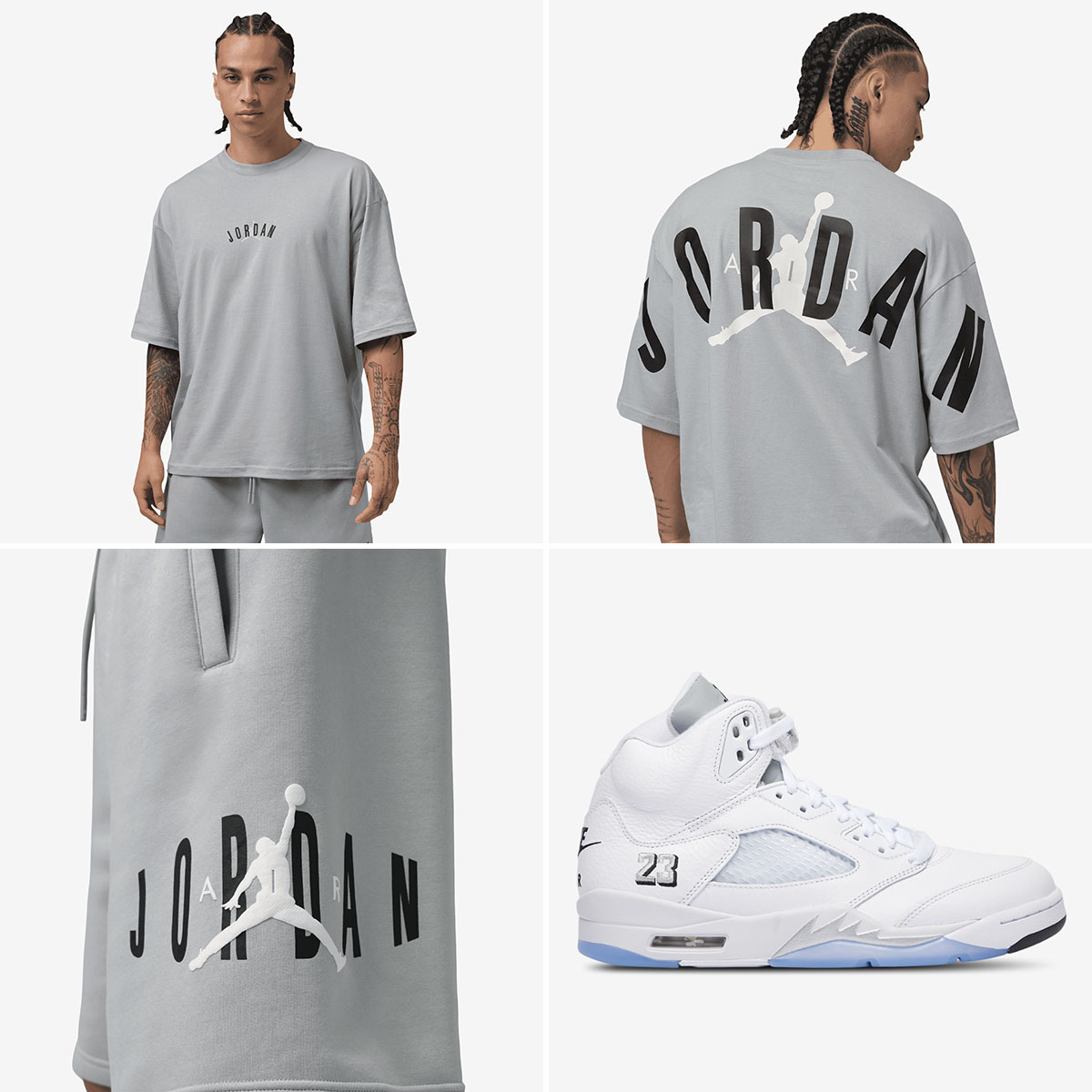 Air Jordan 5 White Metallic 2026 x Jordan Brooklyn Stretch Mens Grey T Shirt and Shorts Outfit to Match Sneakers