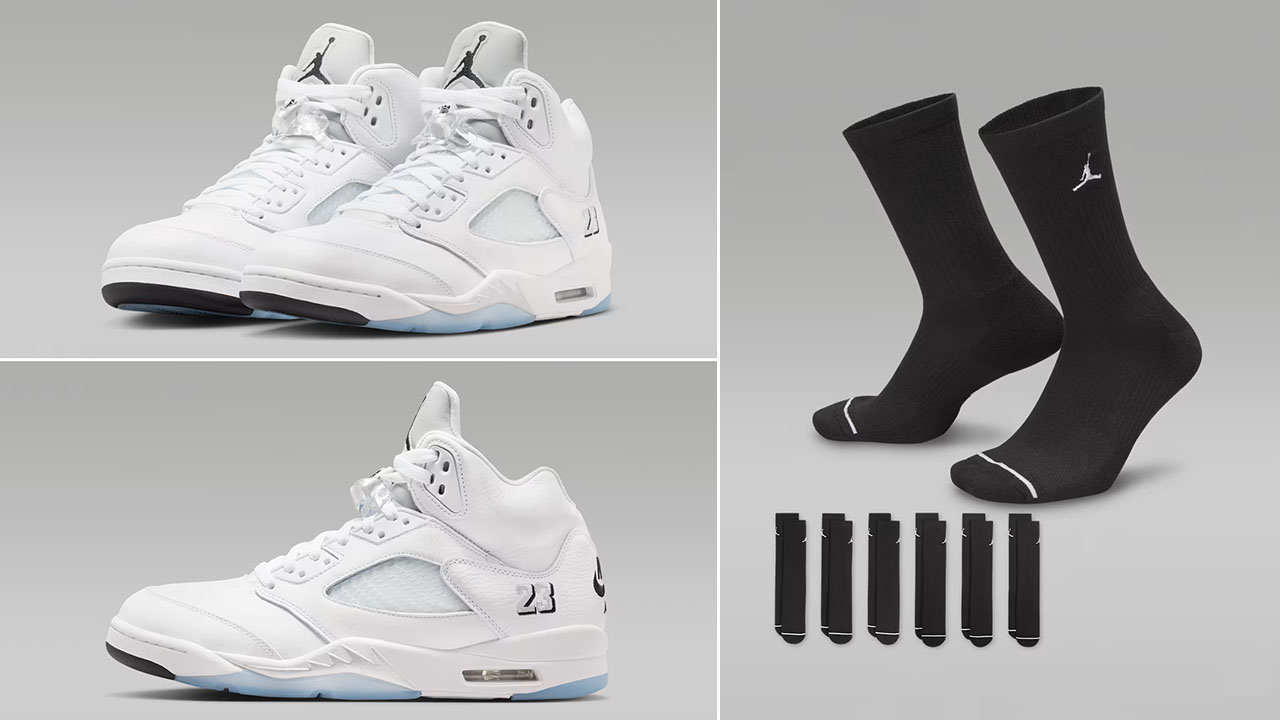 Air Jordan 5 White Metallic 2026 x Jordan Everyday Cushioned Black Crew Socks to Match Sneakers
