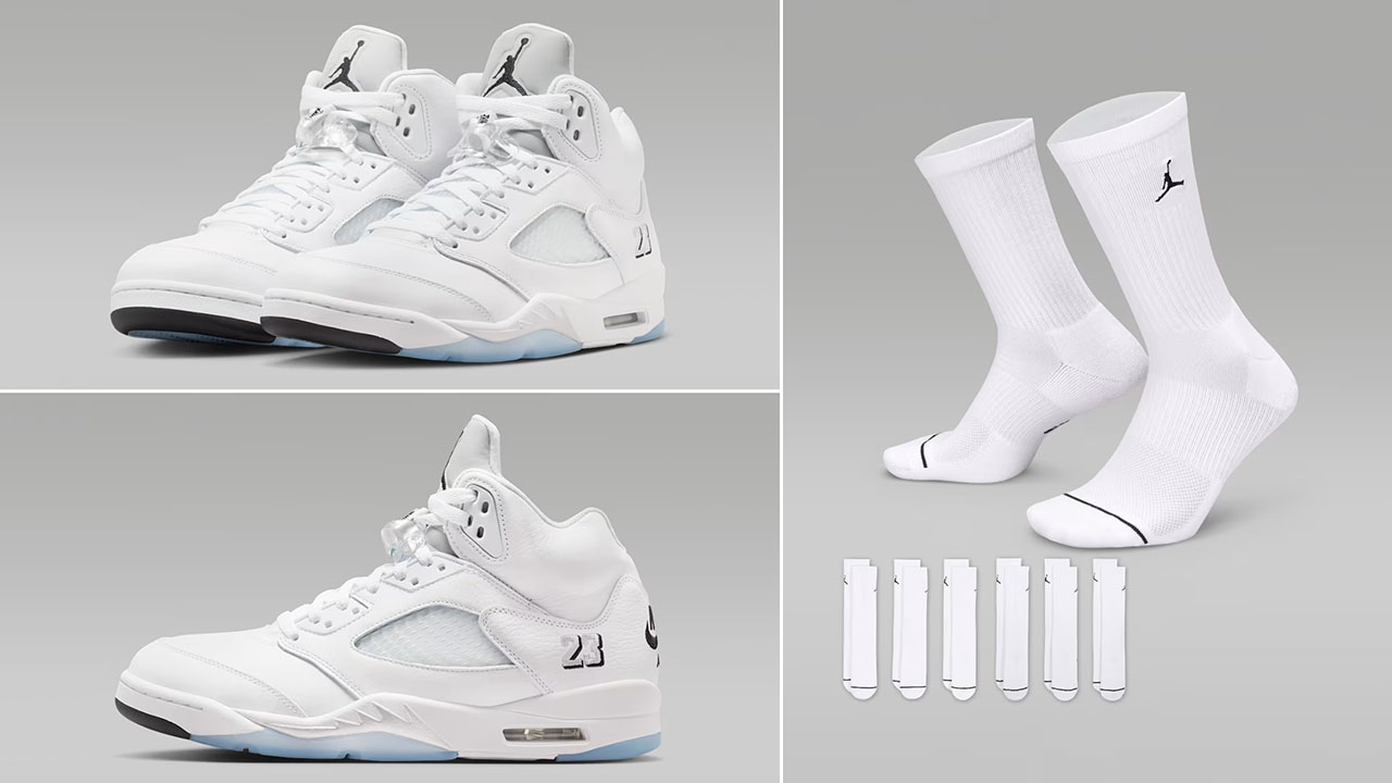 Air Jordan 5 White Metallic 2026 x Jordan Everyday Cushioned White Crew Socks to Match Sneakers