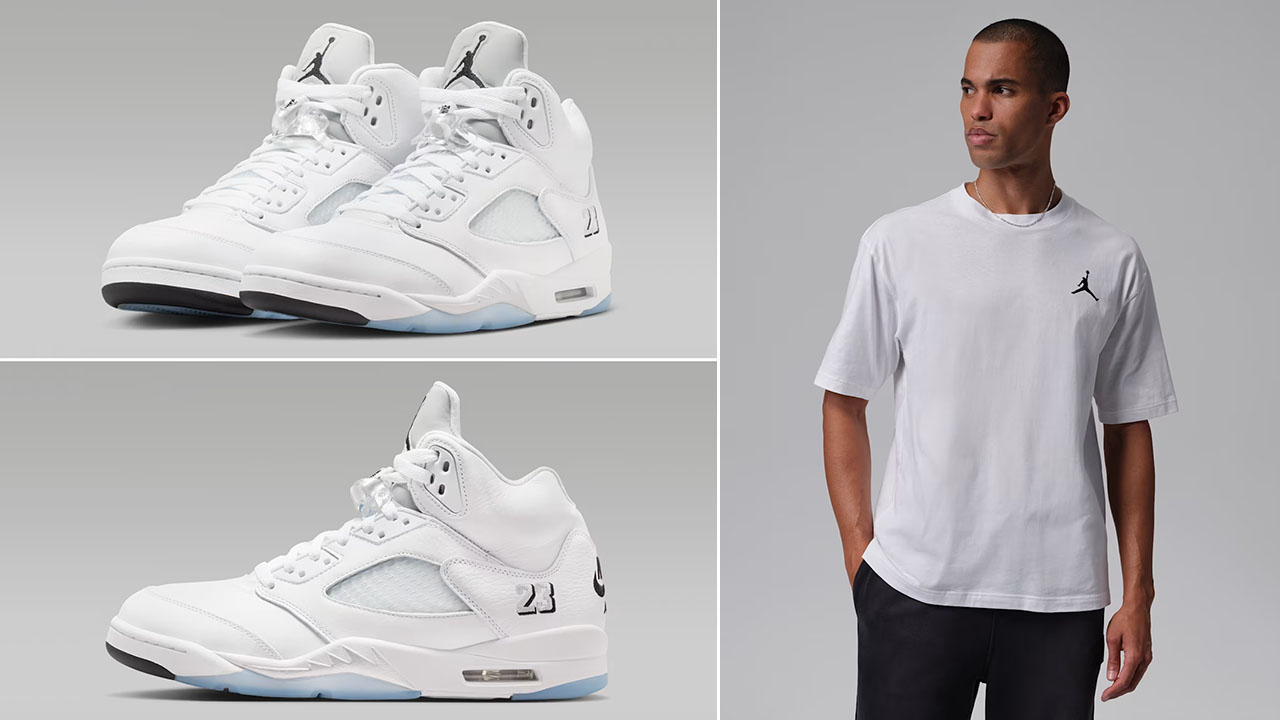 Air Jordan 5 White Metallic 2026 x Jordan Men's Embroidered Jumpman White T-Shirt to Match Sneakers
