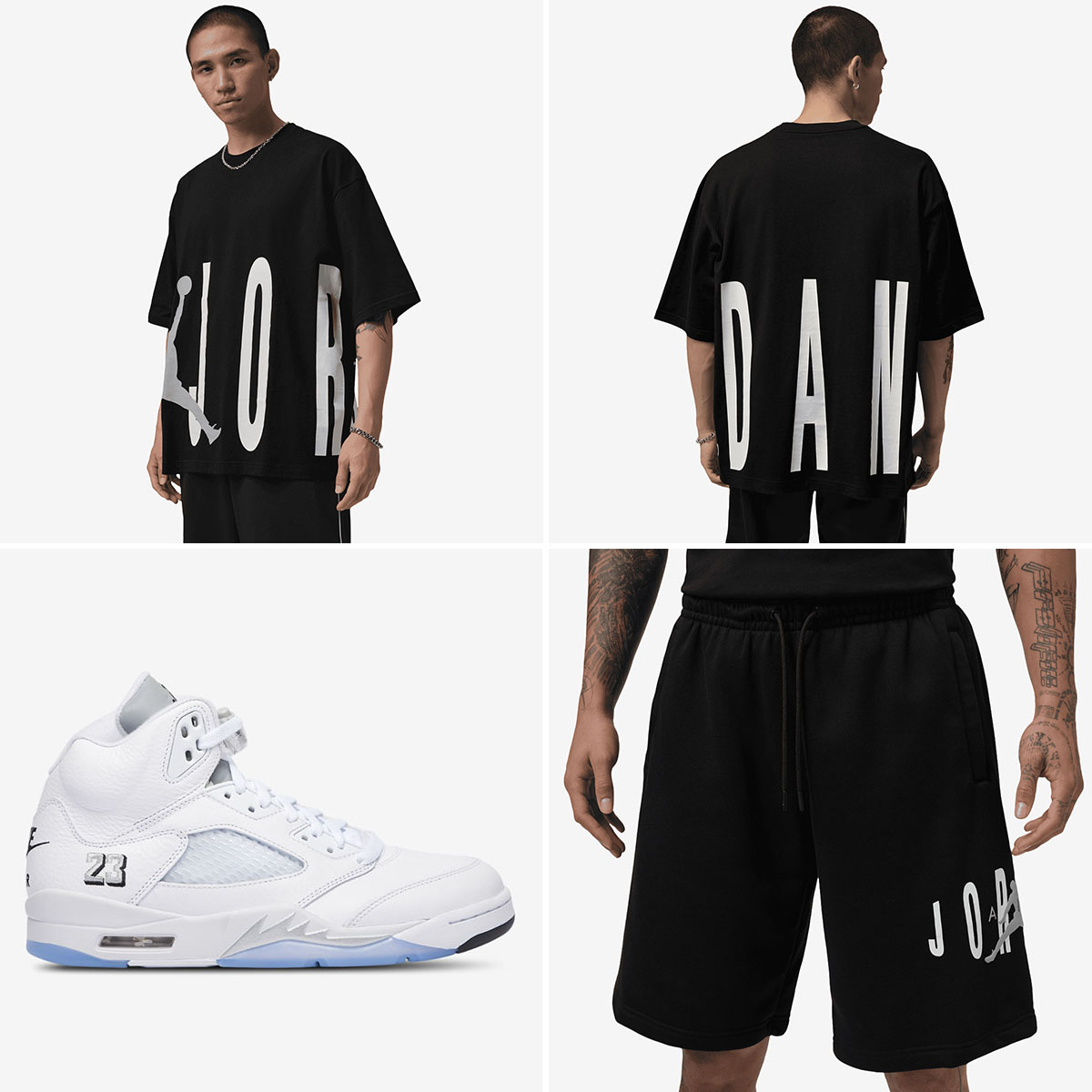 Air Jordan 5 White Metallic x Jordan Brooklyn Oversized Torso Stretch Black T Shirt and Fleece Shorts Outfit to Match Sneakers