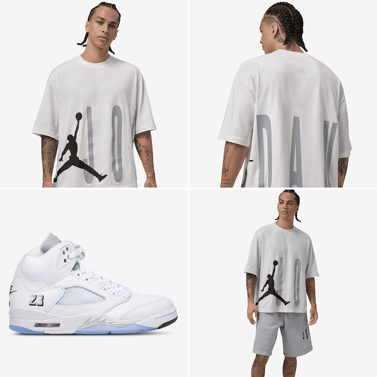 Air Jordan 5 White Metallic x Jordan Brooklyn Oversized Torso Stretch White T Shirt and Grey Fleece Shorts Outfit to Match Sneakers