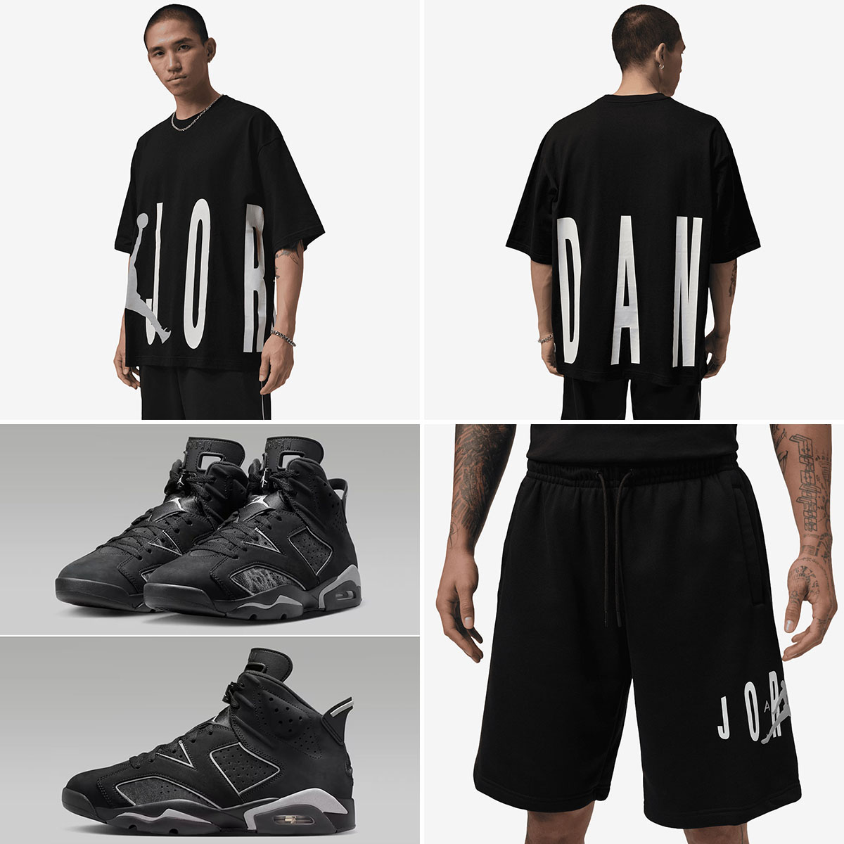 Air Jordan 6 Cap and Gown x Jordan Brooklyn Oversized Torso Stretch Black T Shirt and Fleece Shorts Outfit to Match Sneakers