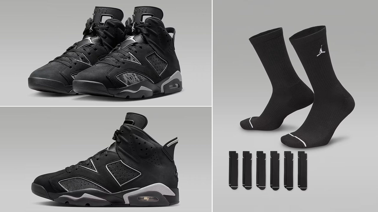 Air Jordan 6 Cap and Gown x Jordan Everyday Cushioned Black Crew Socks to Match Sneakers