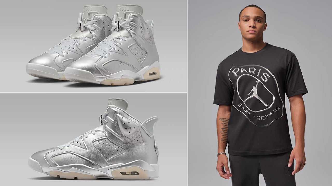Air Jordan 6 Paris Saint Germain Metallic Silver x Jordan PSG Mens Grey T Shirt