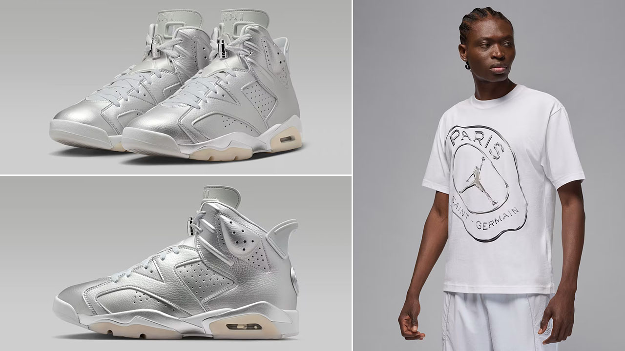 Air Jordan 6 Paris Saint Germain Metallic Silver x Jordan PSG Mens White T Shirt