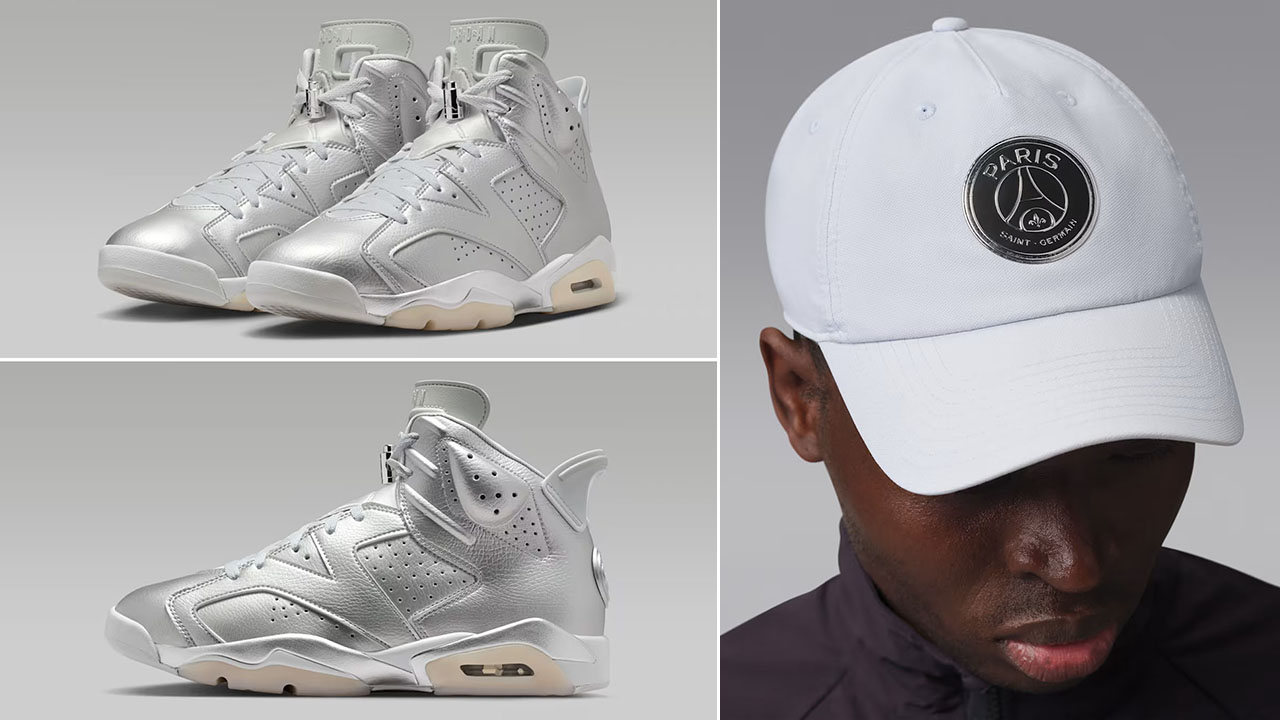 Air Jordan 6 Paris Saint Germain Metallic Silver x Jordan Paris Saint-Germain Club Cap Hat