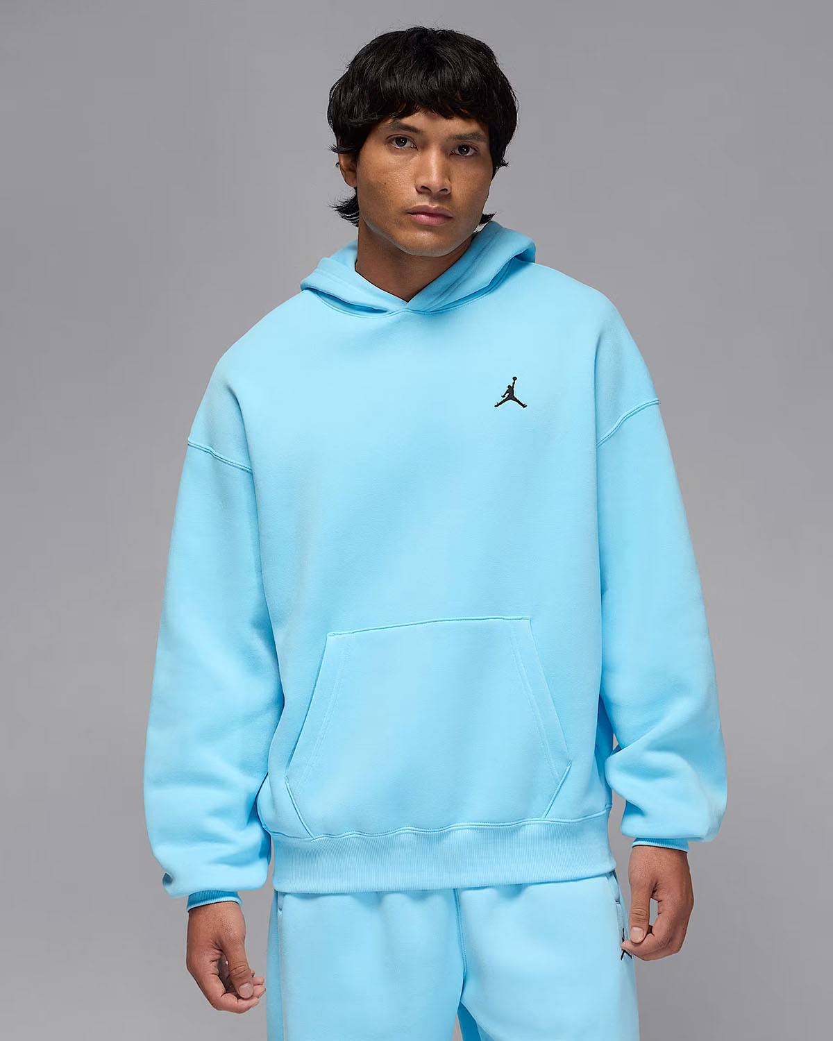 Jordan Brooklyn Fleece Mens Oversized Pullover Hoodie Blue Chill Black
