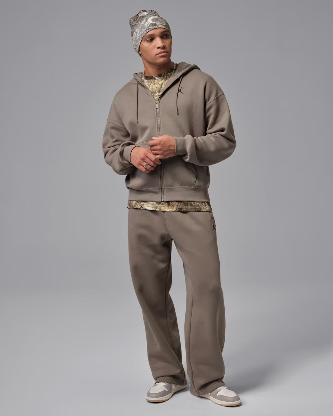 Jordan Brooklyn Fleece Mens Oversized Zip Hoodie and Pants Olive Grey