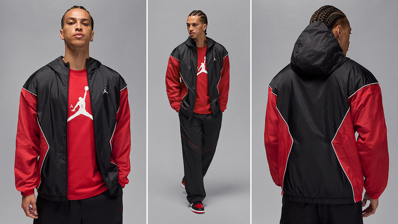 Jordan Brooklyn Mens Hooded Draft Jacket Black Gym Red White
