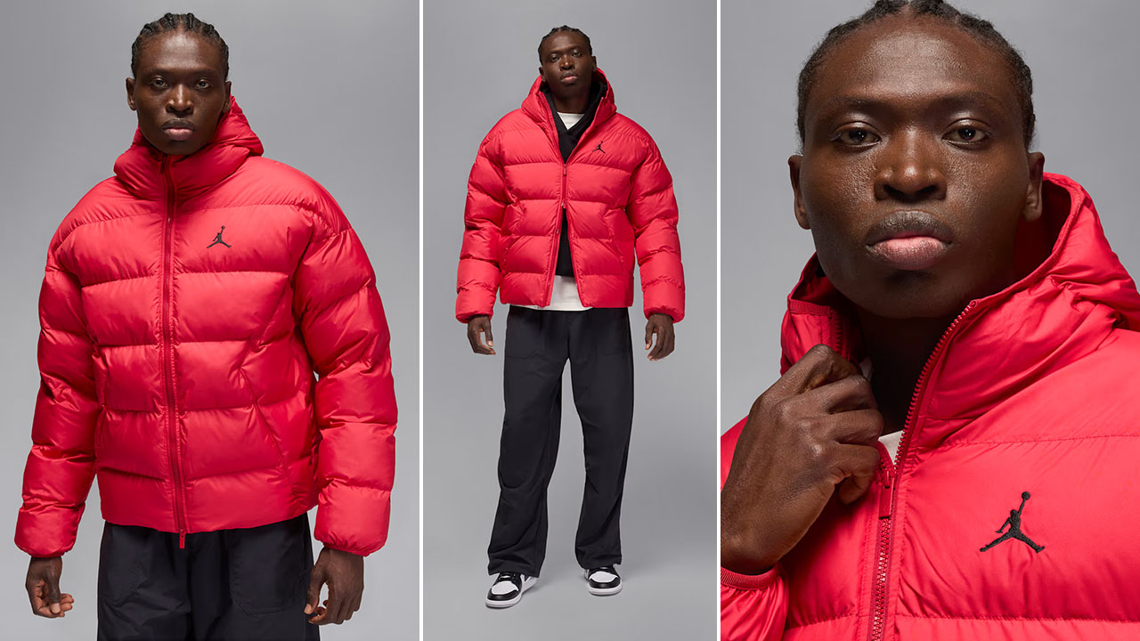 Jordan Brooklyn Mens Therma Fit Puffer Jacket Gym Red Black