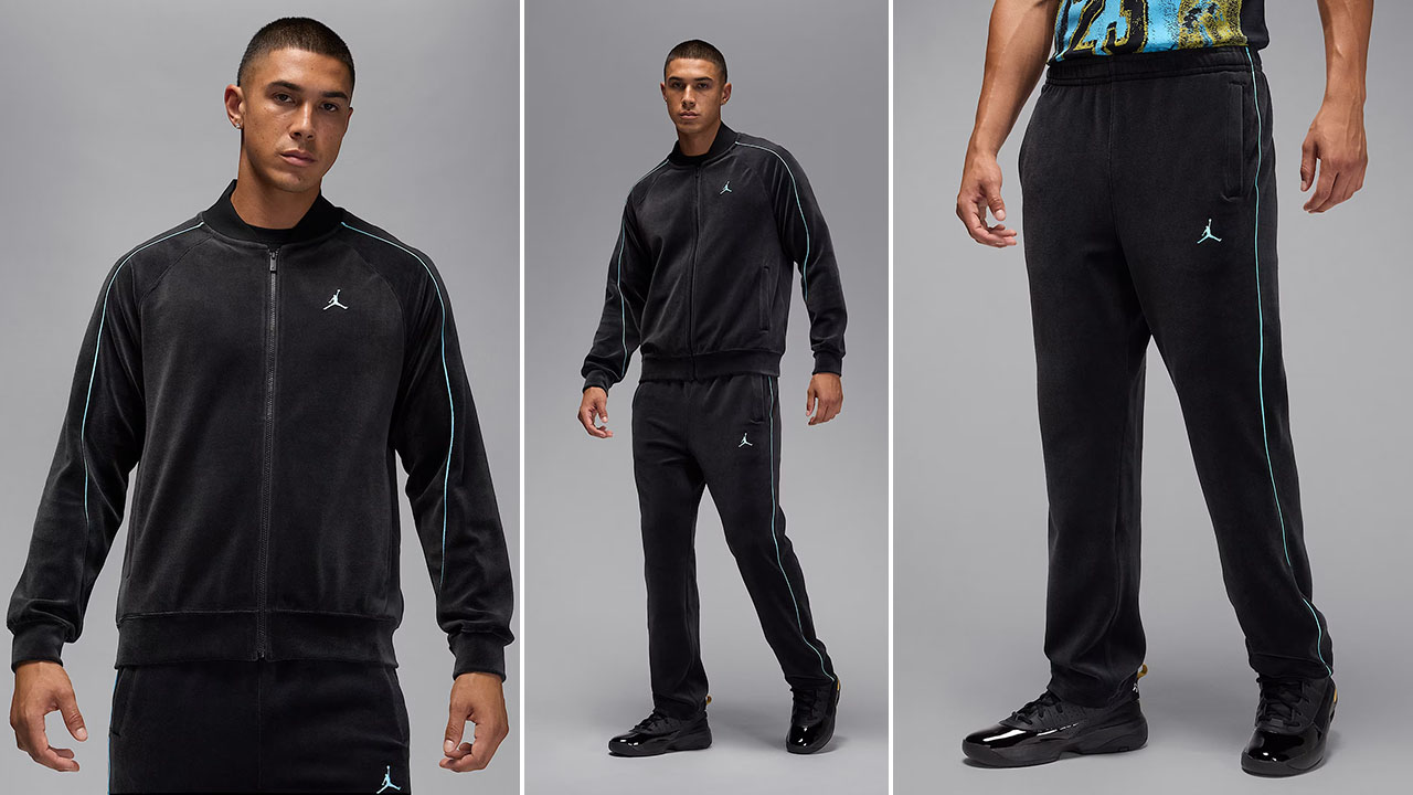 Jordan Brooklyn Mens Velour Track Jacket and Pants Black Blue Chill