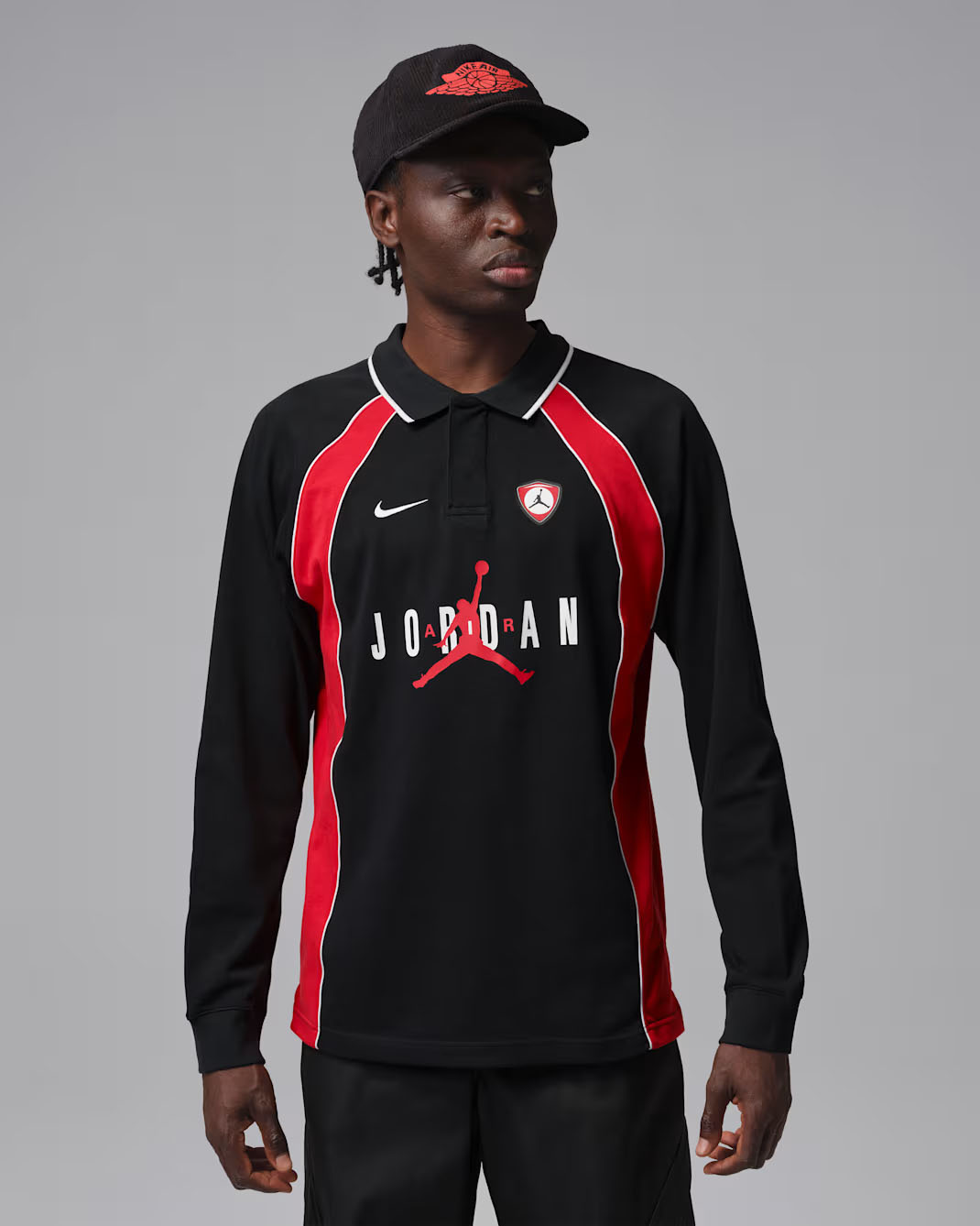 Jordan Flight Mens Long Sleeve Polo Jersey Black Red 1