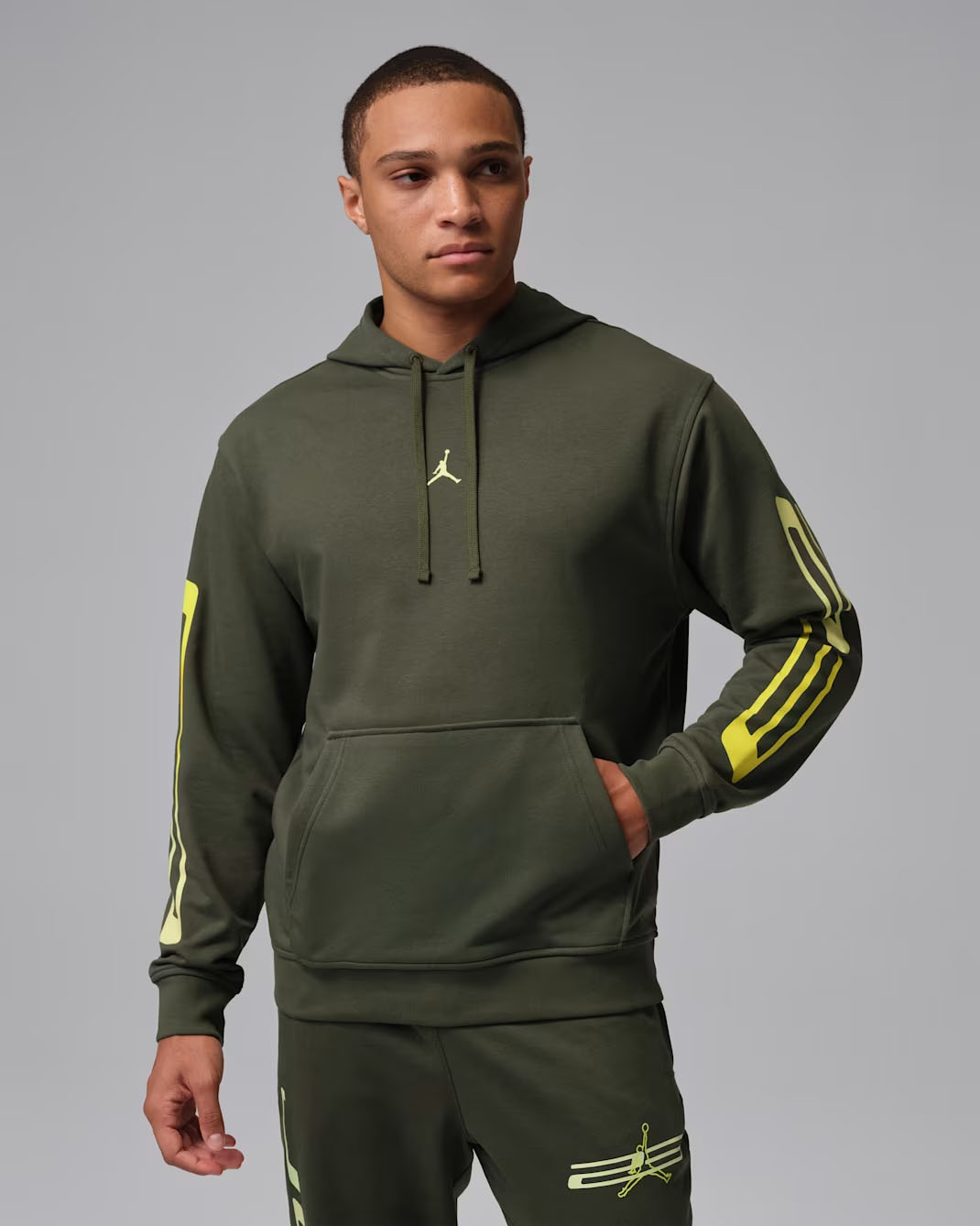 Jordan Sport Crossover Mens Dri Fit Graphic Pullover Hoodie Cargo Khaki Luminous Green