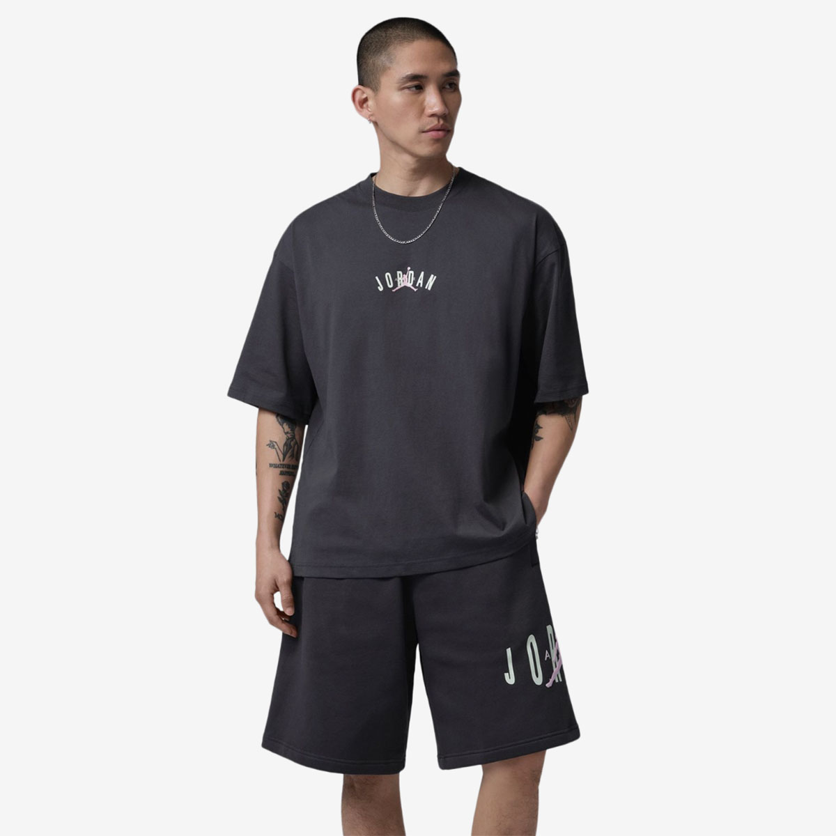 Jordan Stretch T Shirt and Shorts Anthracite Iced Carmine Jade