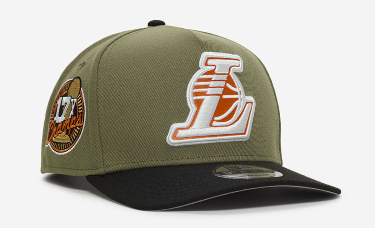 New Era LA Lakers Olive Green Black Orange Snapback Hat A Frame Cap