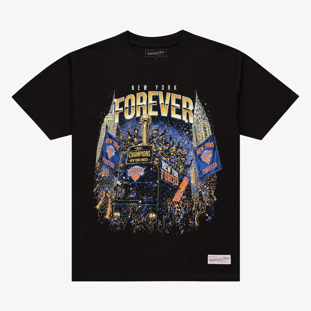 New York Knicks Mitchell & Ness 2026 NBA Finals Champions Parade T-Shirt in black featuring New York Forever championship parade graphics.